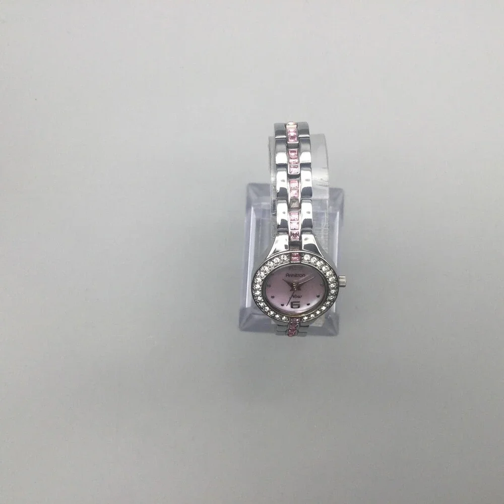 Armitron Now Womens Watch 22mm Pink MOP Crystals Silver Tone New Battery 7.25